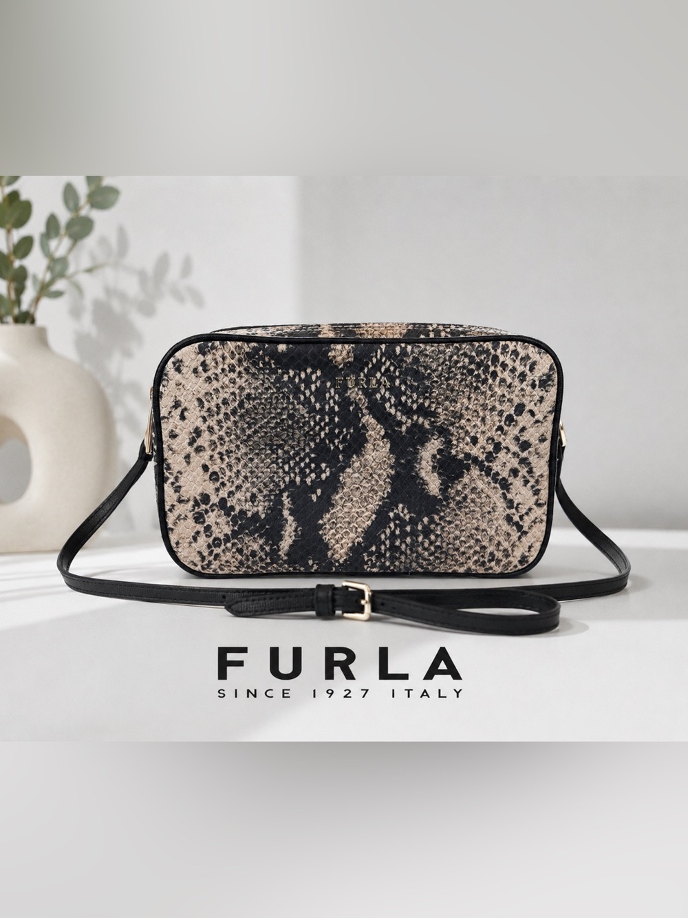 Furla Black & Beige Python-Print Crossbody Bag